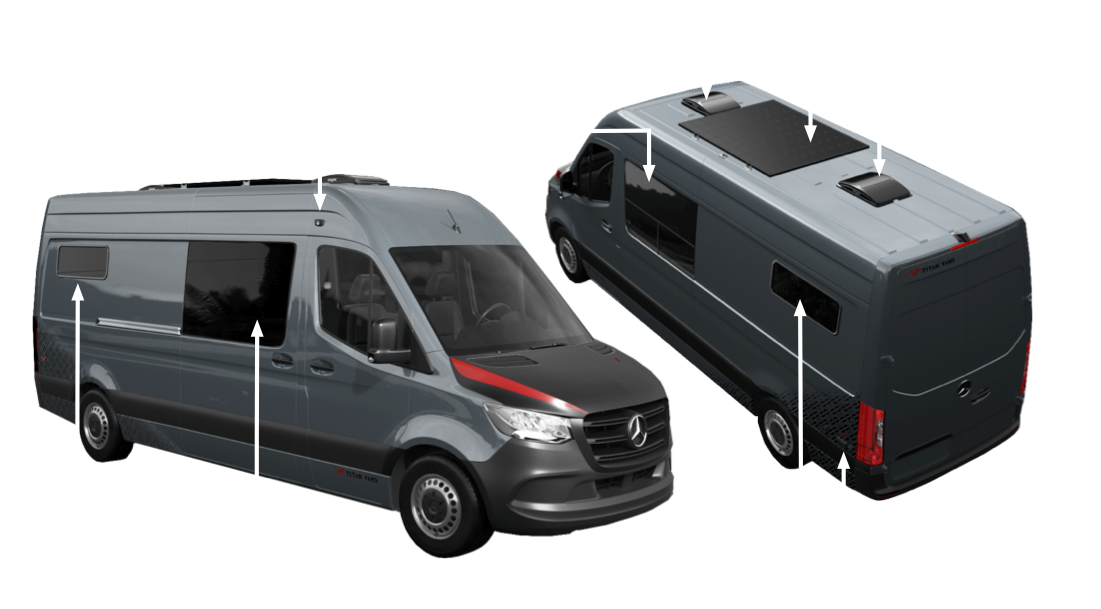 An inforgraphic showing the exterior features of the camper van