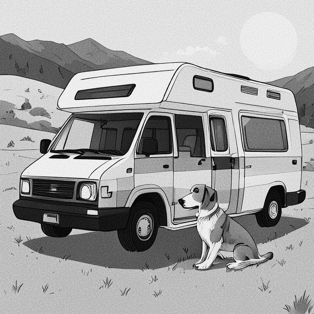 Illustration of a camper van with a dog next to it