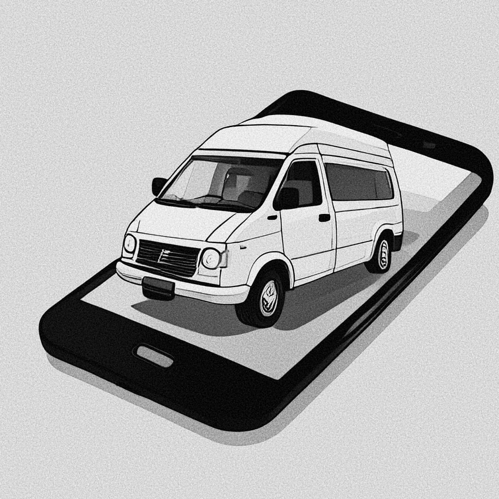 Illustration of a camper van coming out of a cellphone screen