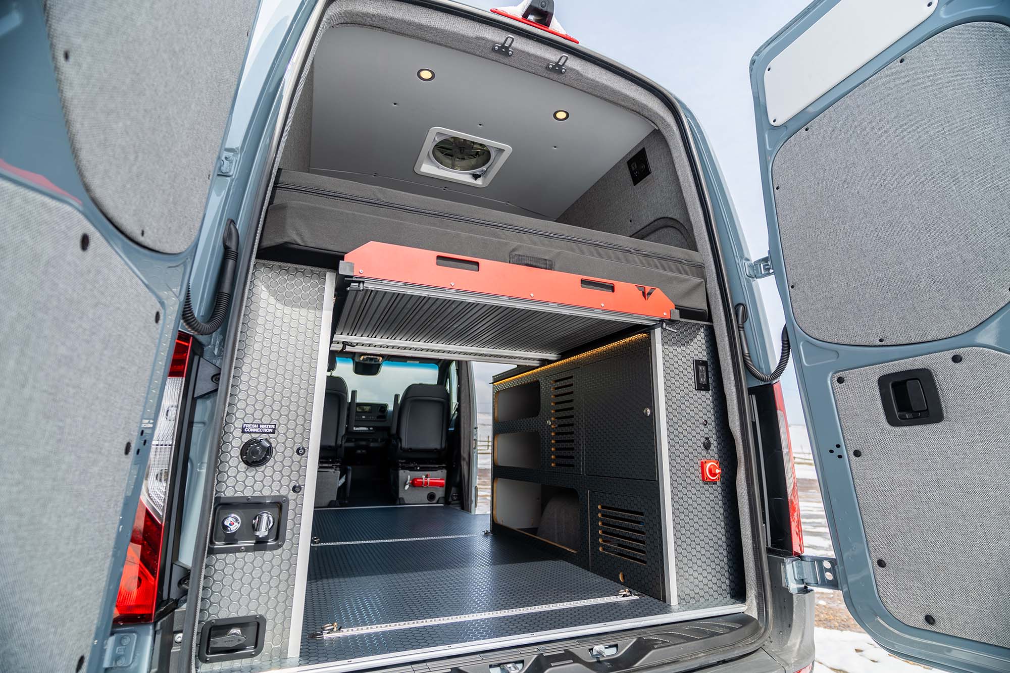 The back side of the Classic camper van's wheel well cabinets