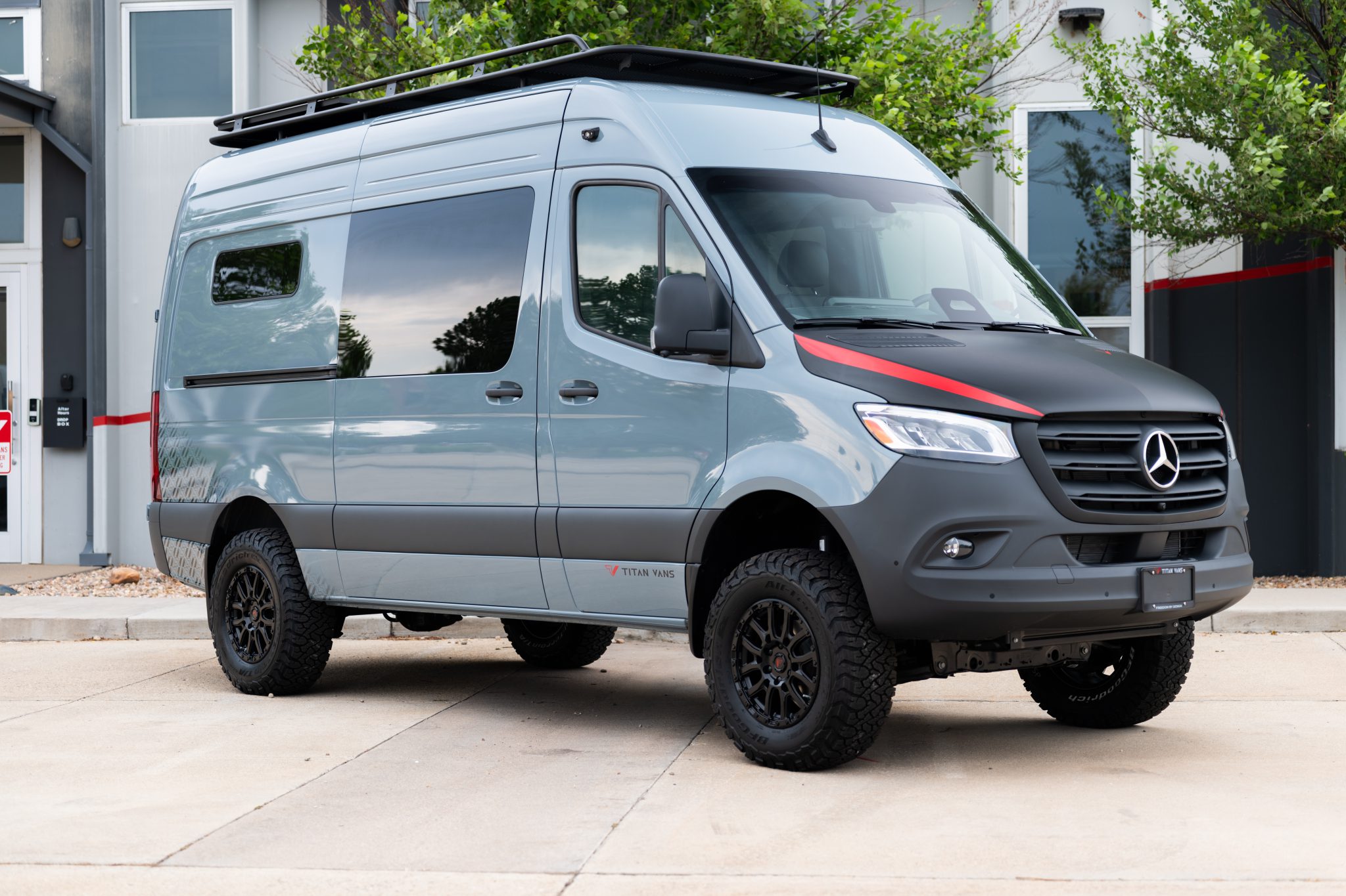 Camper van front passenger side three-quarter view