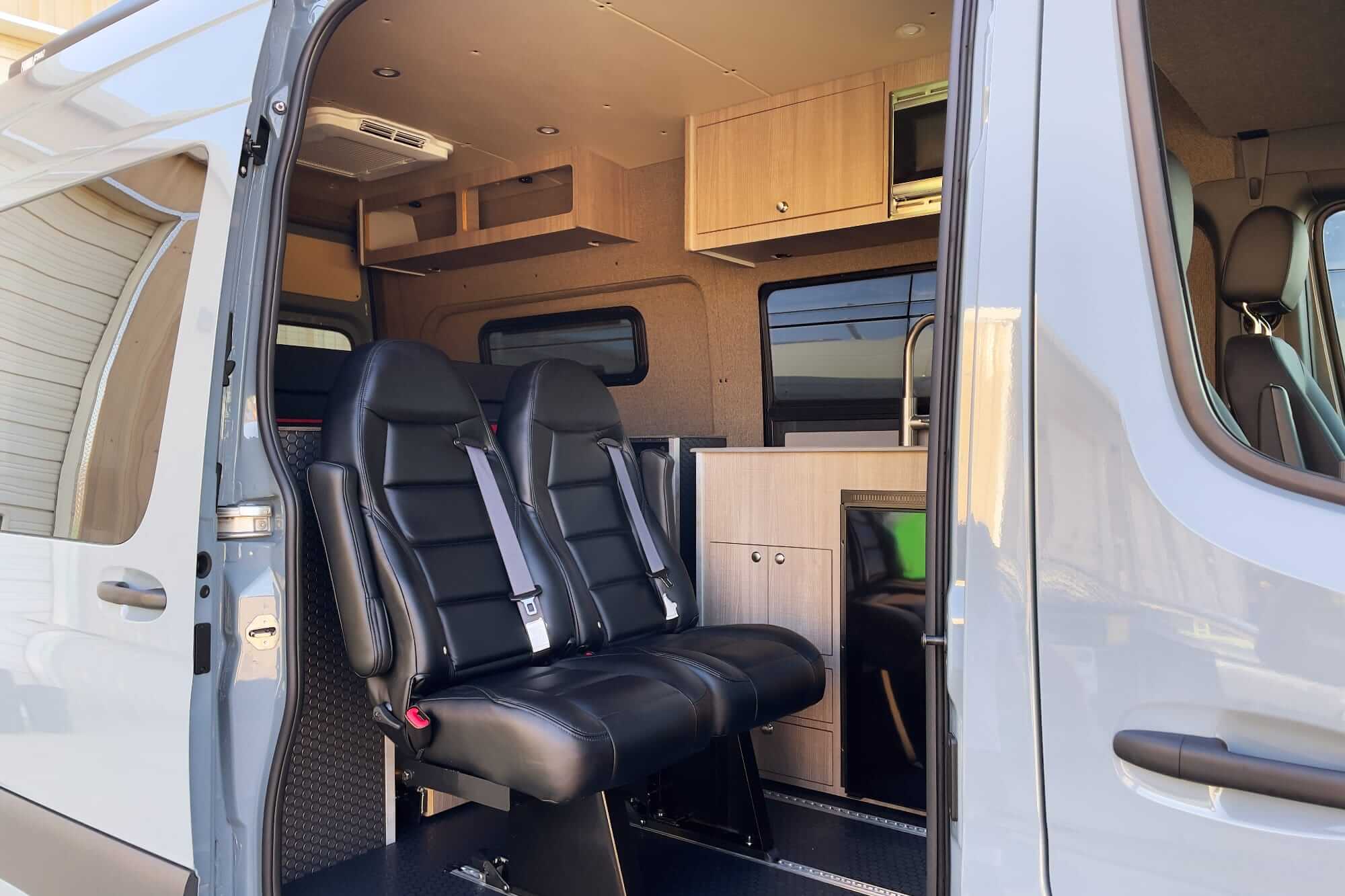 Camper van interior through slider door