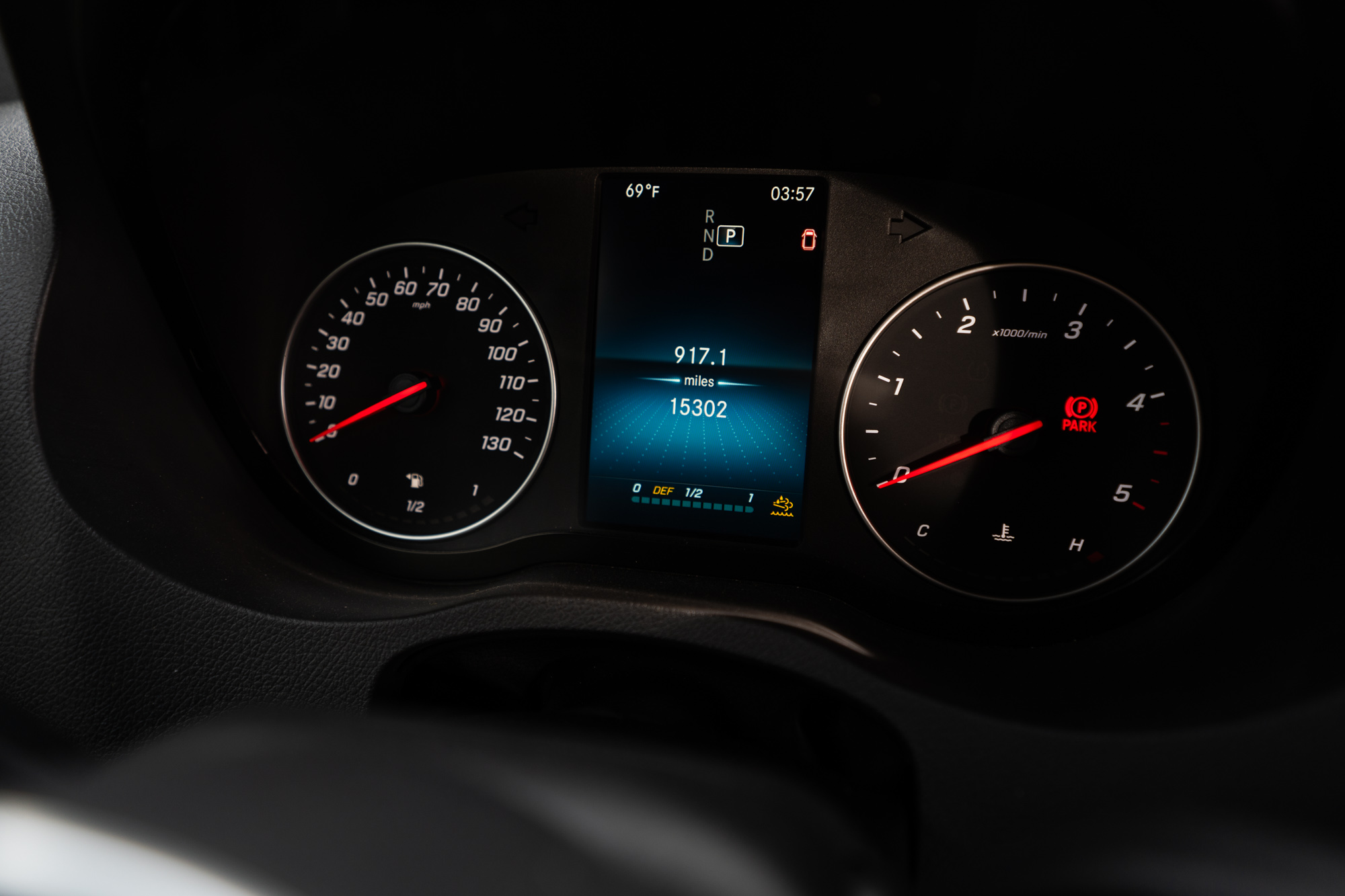 camper van dashboard showing the mileage