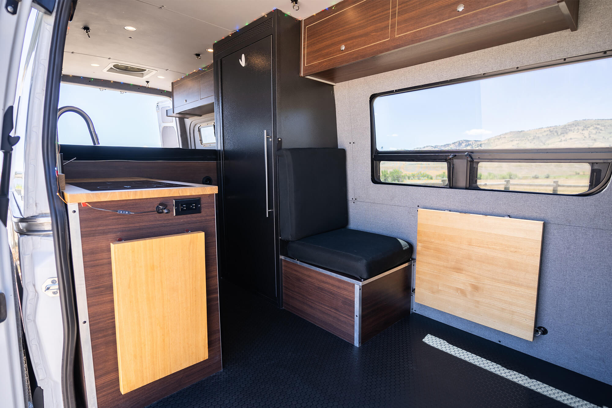 Camper van living space with shower/sauna