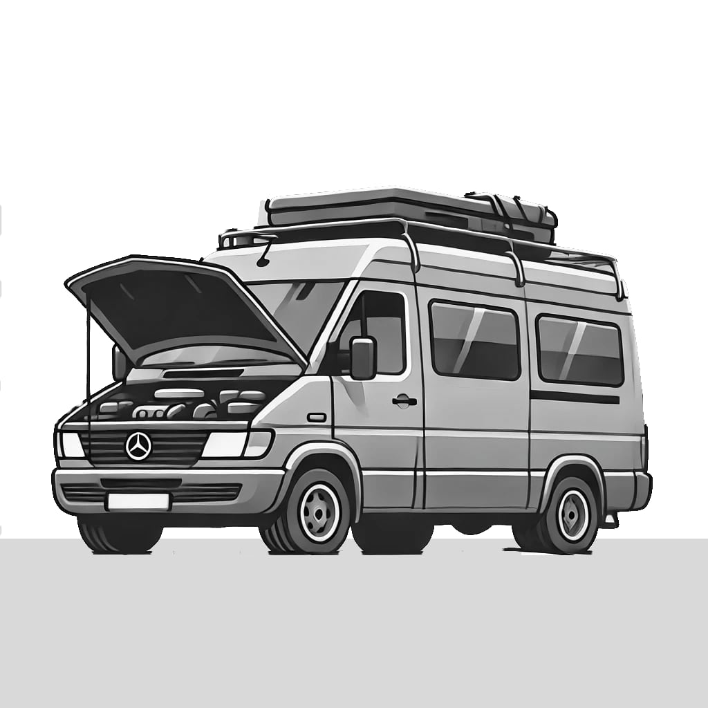 An illustration of a camper van with the hood up