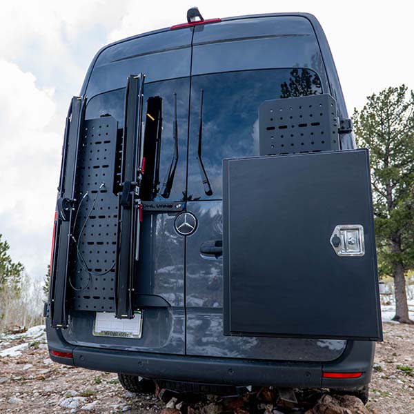 rear of camper van with storage and bike rack