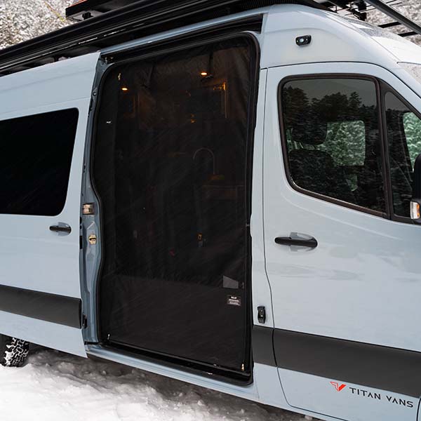 bug net in slider door of camper van
