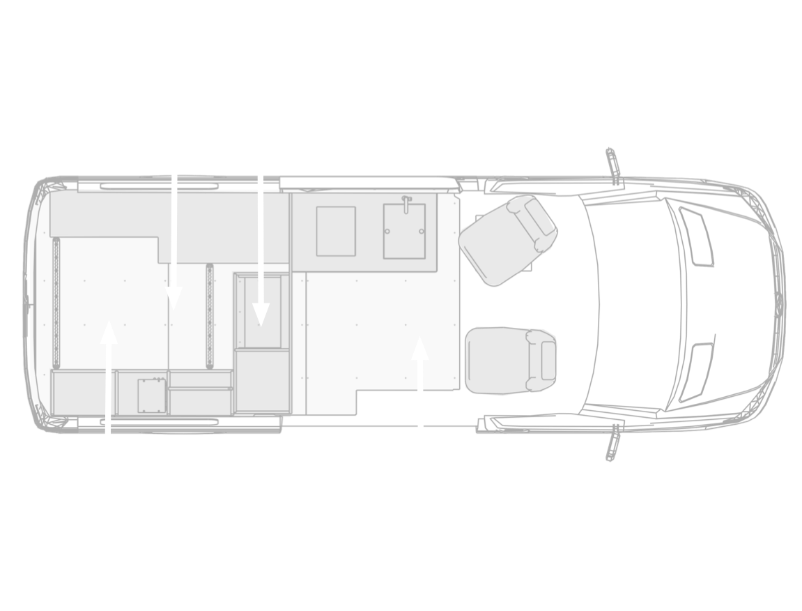 Top view infographic showing the interior of our camper van