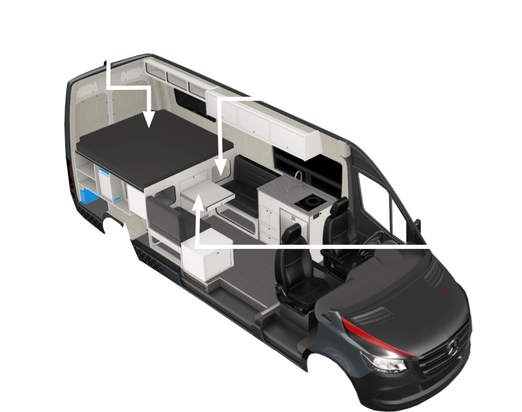 Interior features infographic of the Kronos 170 camper van