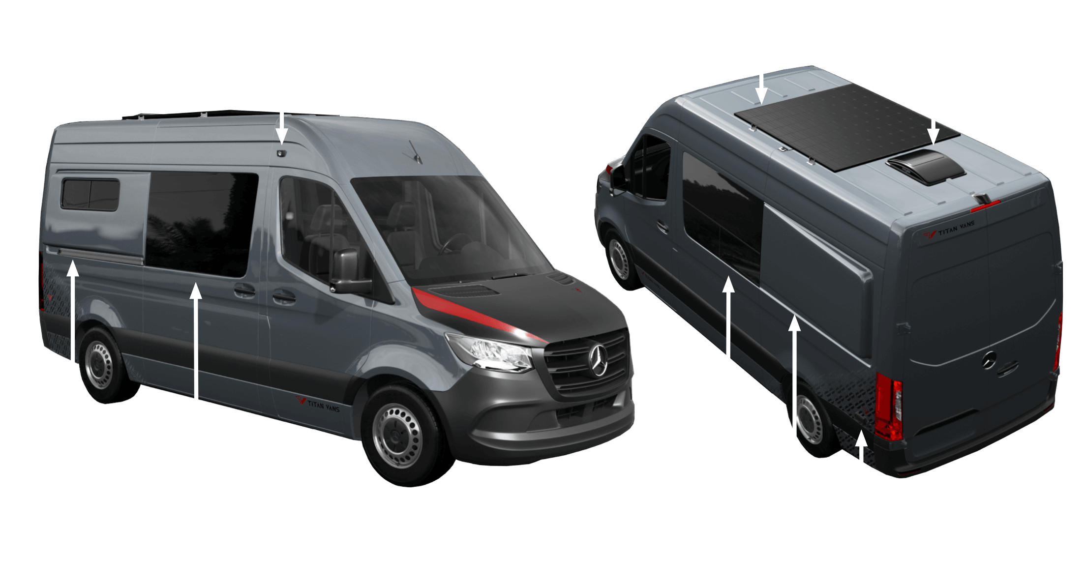 An inforgraphic showing the exterior features of the Metis camper van