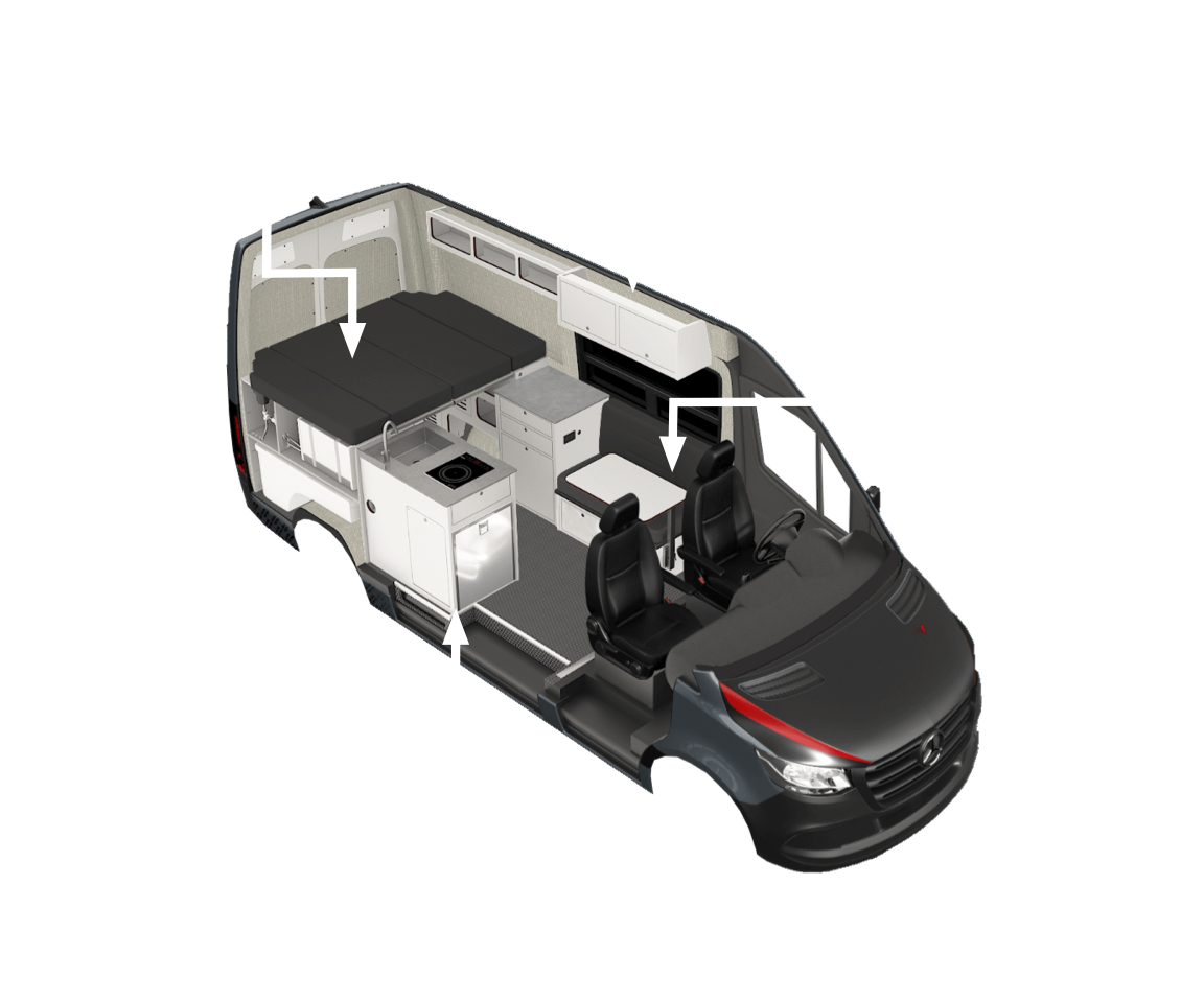 Interior features infographic of the Sprinter 144" Metis camper van