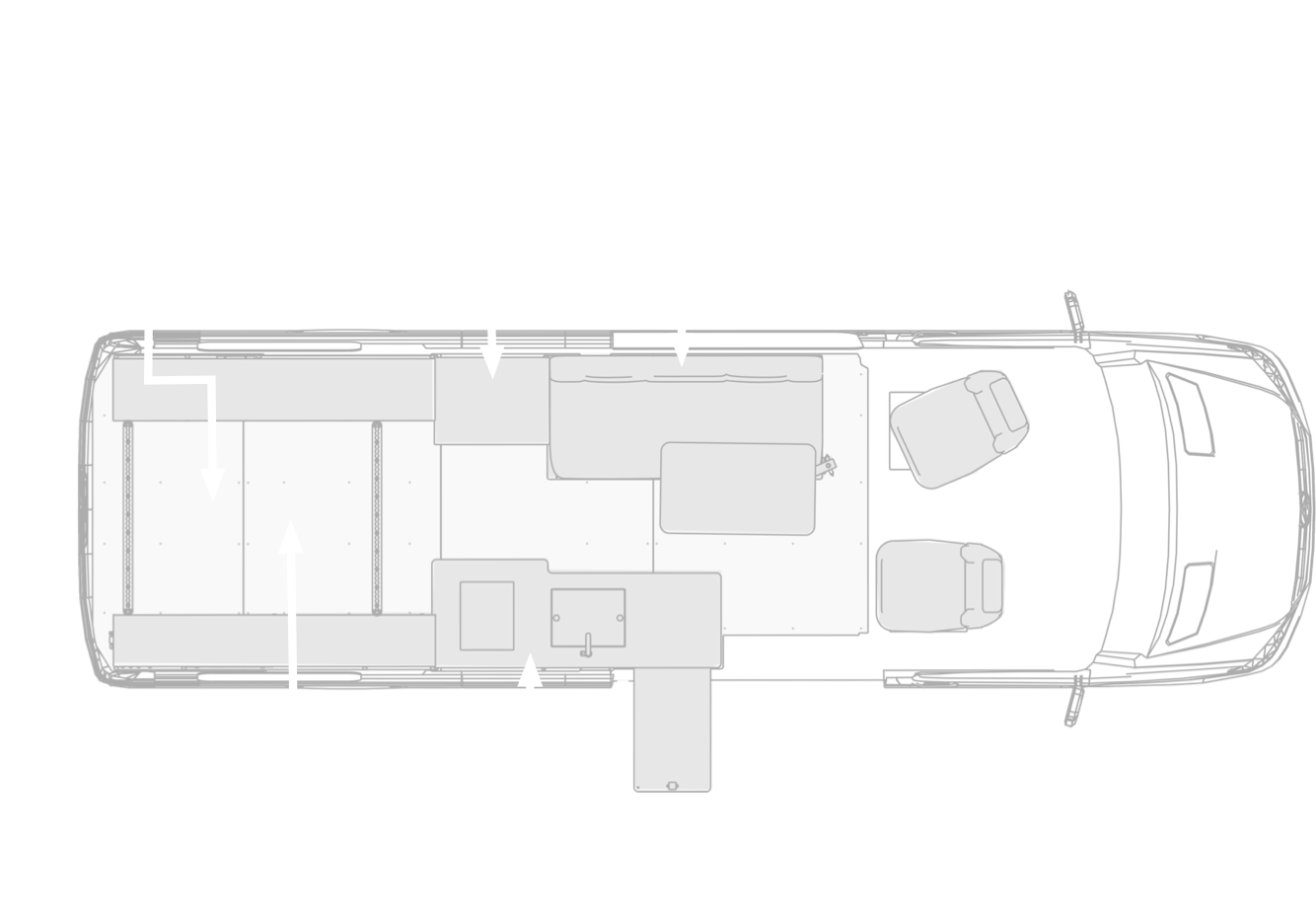 Top view infographic showing the interior of our camper van