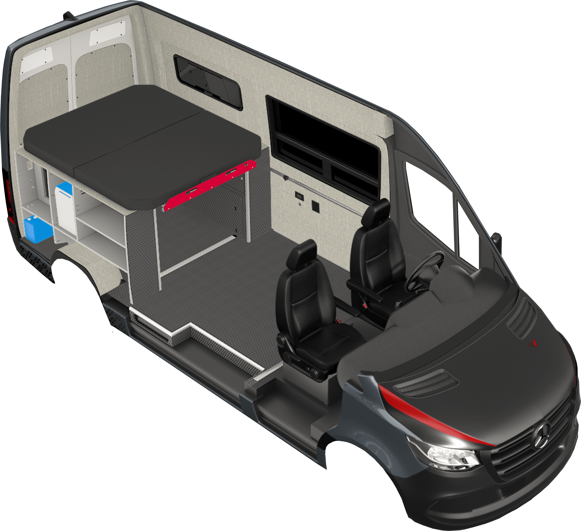 Rendering of the Classic 144 camper van conversion on a Mercedes Sprinter 144" chassis