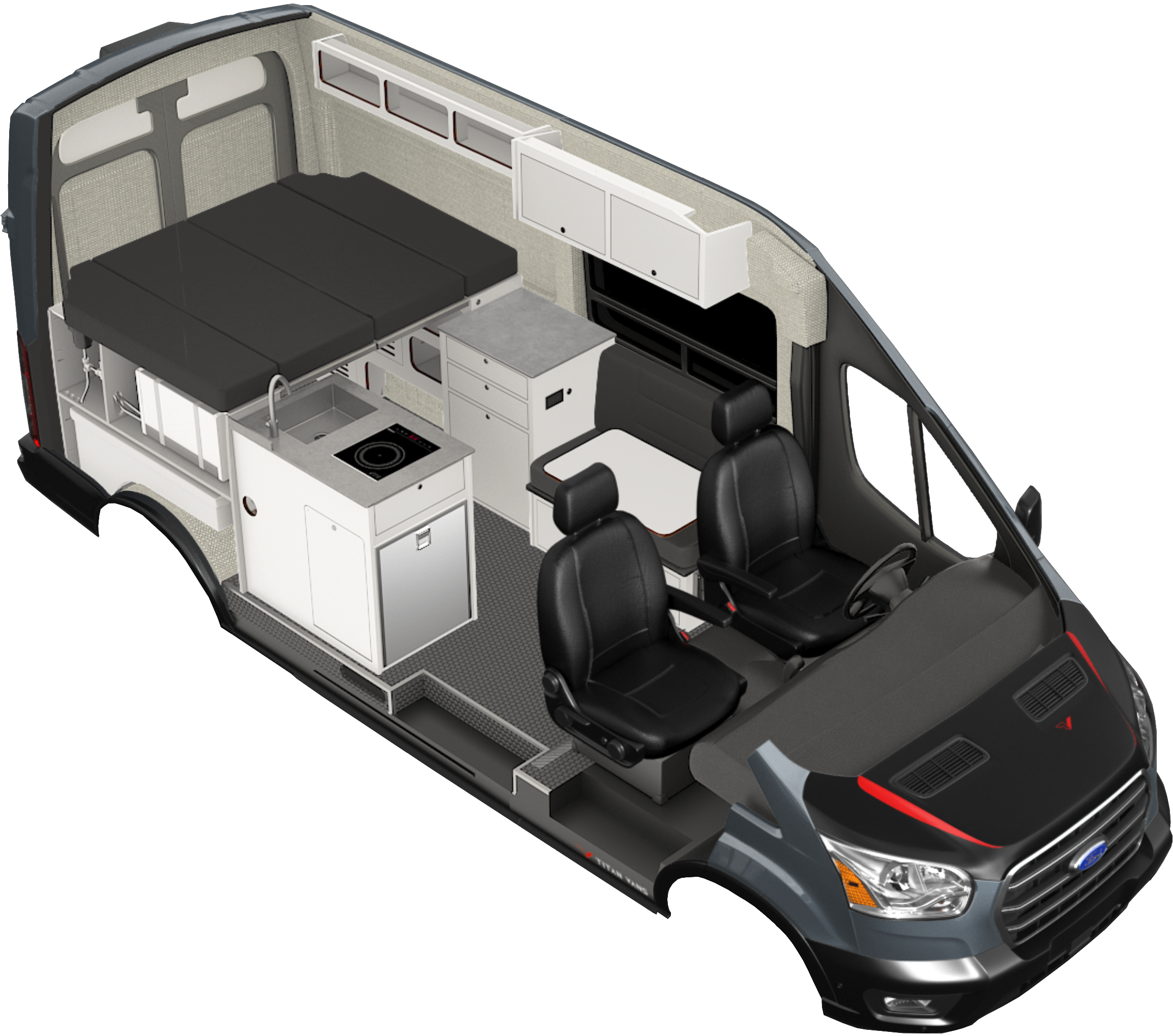 Rendering of the Metis 148 camper van conversion on a Ford Transit 148" chassis