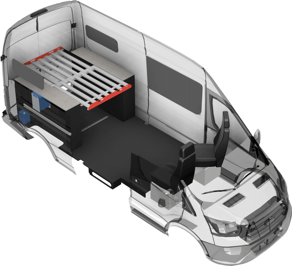 Rendering of the Classic 148 van conversion model. This camper van model uses the Ford Transit 148 chassis.