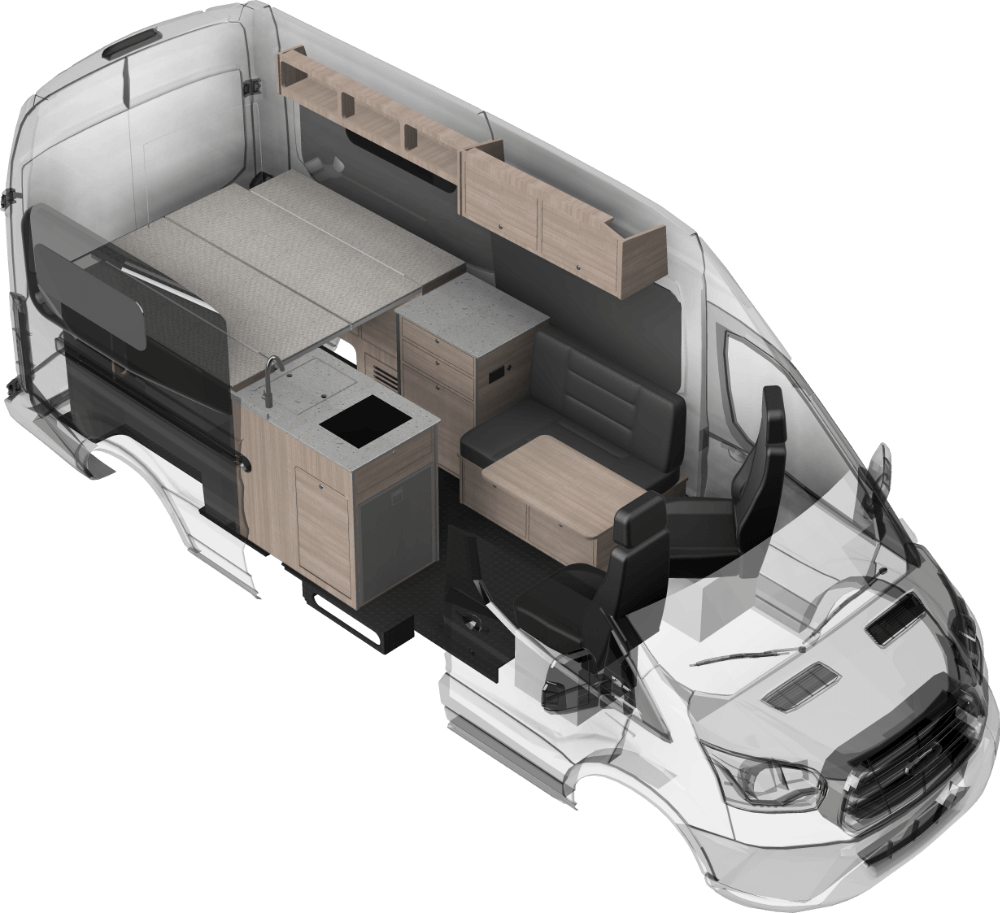 Rendering of the Metis 148 van conversion model. This camper van model uses the Ford Transit 148 chassis.