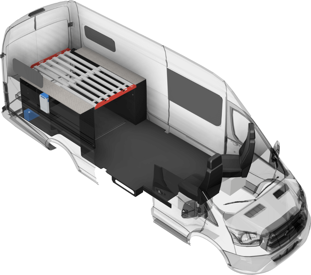 Rendering of the Classic 148EL van conversion model. This camper van model uses the Ford Transit 148 EL chassis.