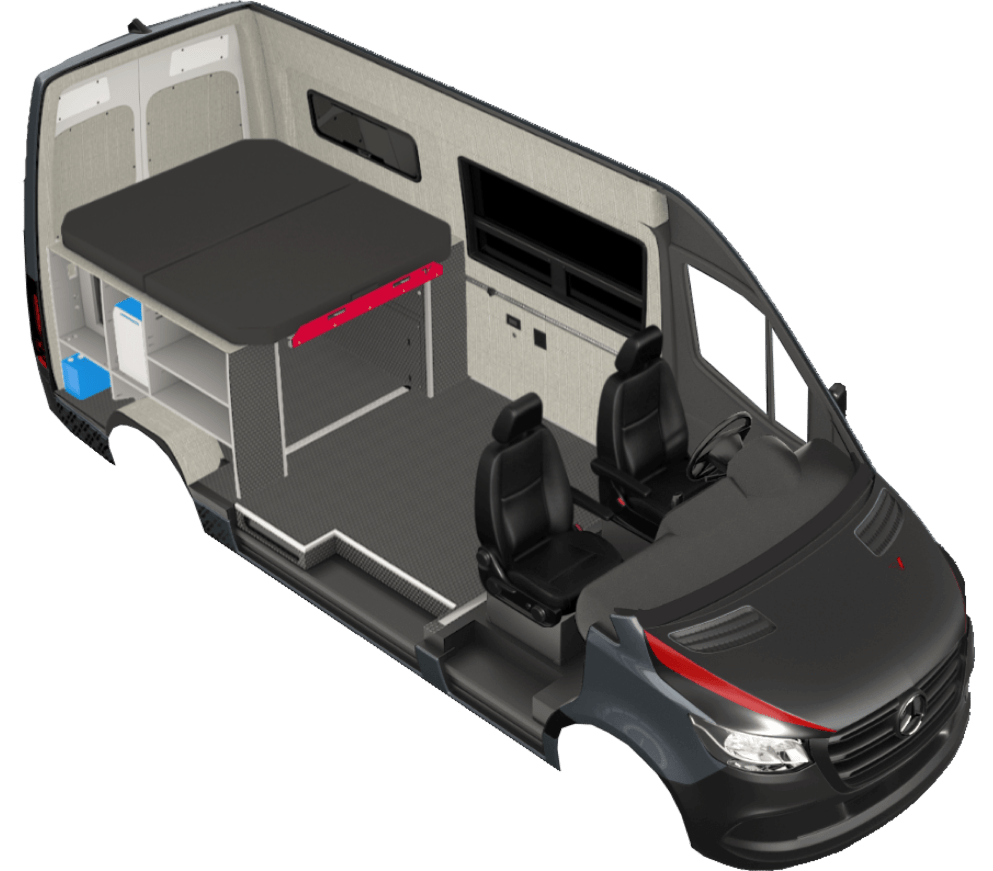 Rendering of the Classic camper van build. The chassis in this rendering is of the Mercedes Sprinter 144.