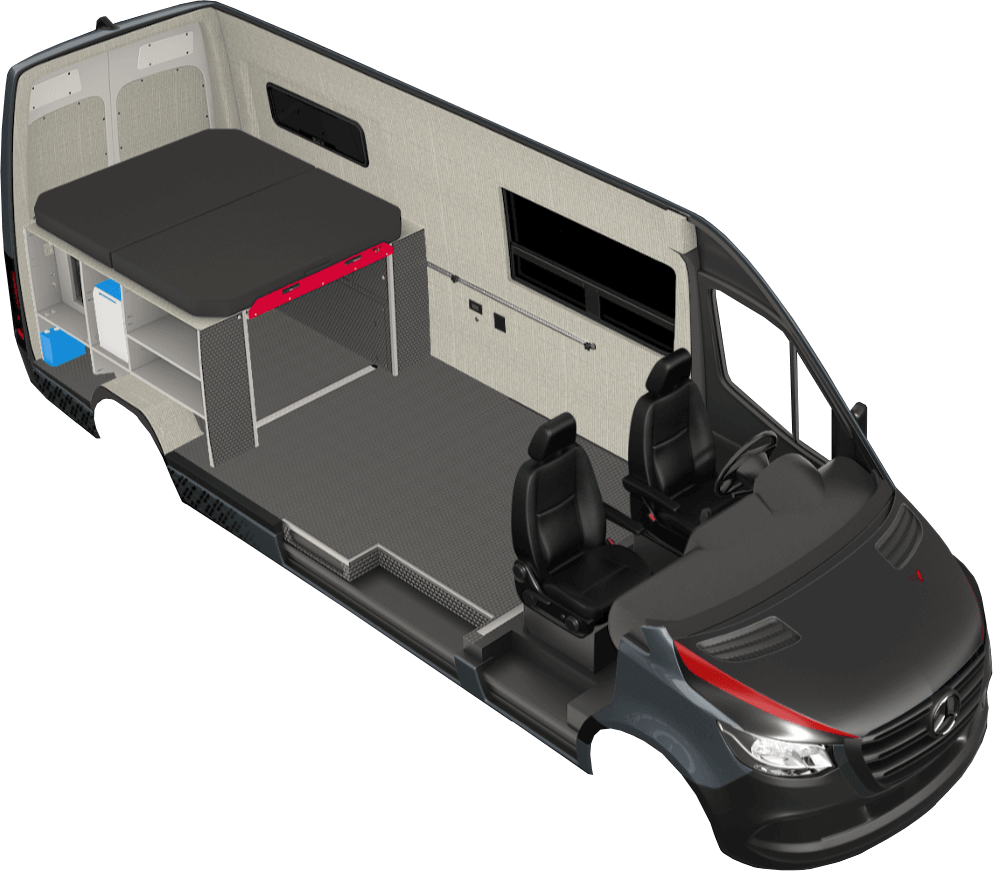 Rendering of the Classic 170 van conversion model. This camper van model uses the Mercedes Sprinter 170 chassis.