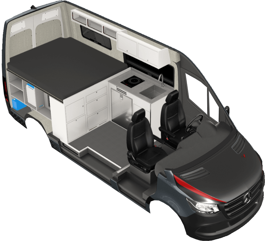 Rendering of the Krnonos camper van build. The chassis in this rendering is of the Mercedes Sprinter 144.