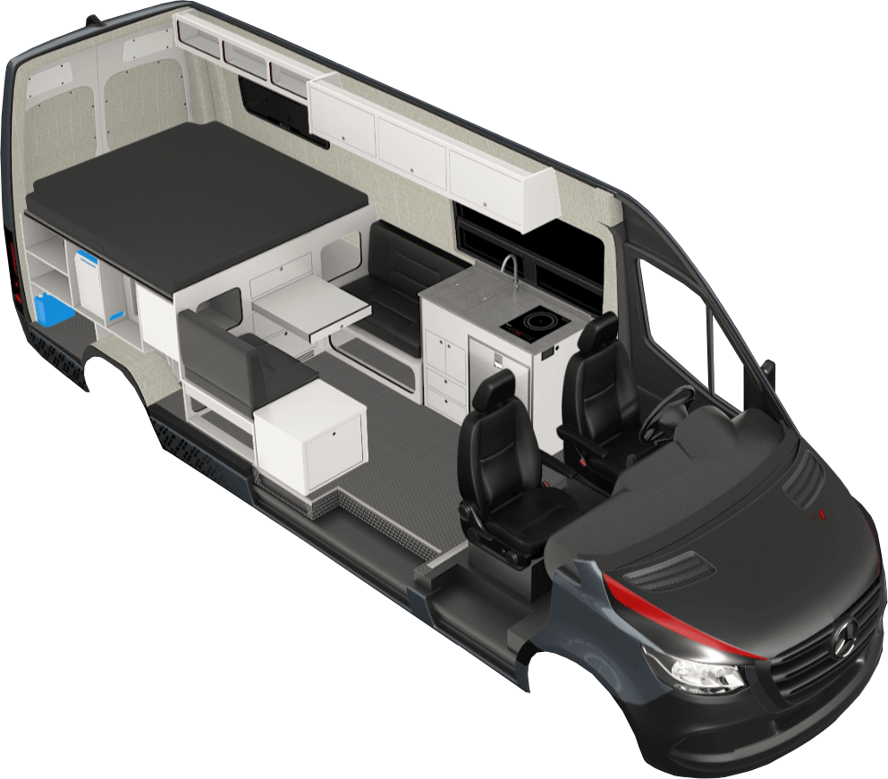 Rendering of the Kronos 170 van conversion model. This camper van model uses the Mercedes Sprinter 170 chassis.