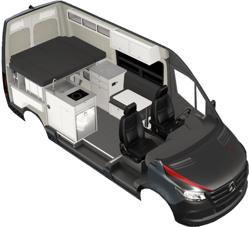 Rendering of the Metis camper van build. The chassis in this rendering is of the Mercedes Sprinter 144.