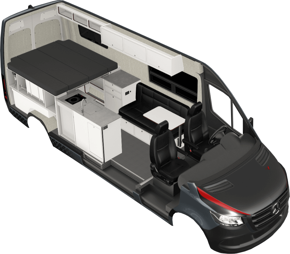 Rendering of the Metis 170 van conversion model. This camper van model uses the Mercedes Sprinter 170 chassis.