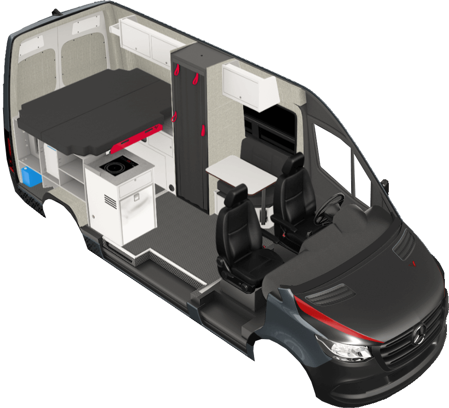 Rendering of the Ultra camper van build. The chassis in this rendering is of the Mercedes Sprinter 144.