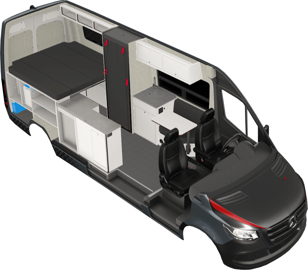 Rendering of the Ultra 170 van conversion model. This camper van model uses the Mercedes Sprinter 170 chassis.