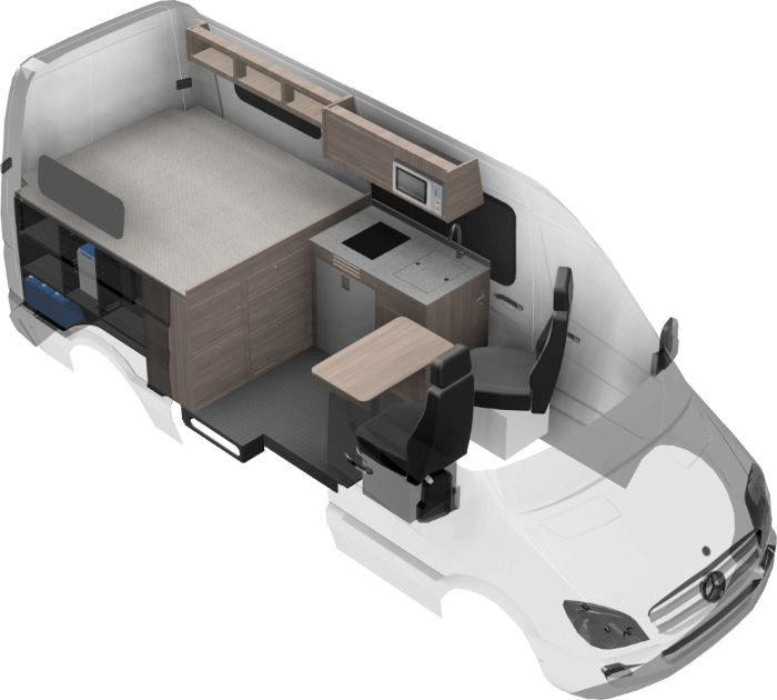 Rendering of the Krnonos camper van build. The chassis in this rendering is of the Mercedes Sprinter 144.