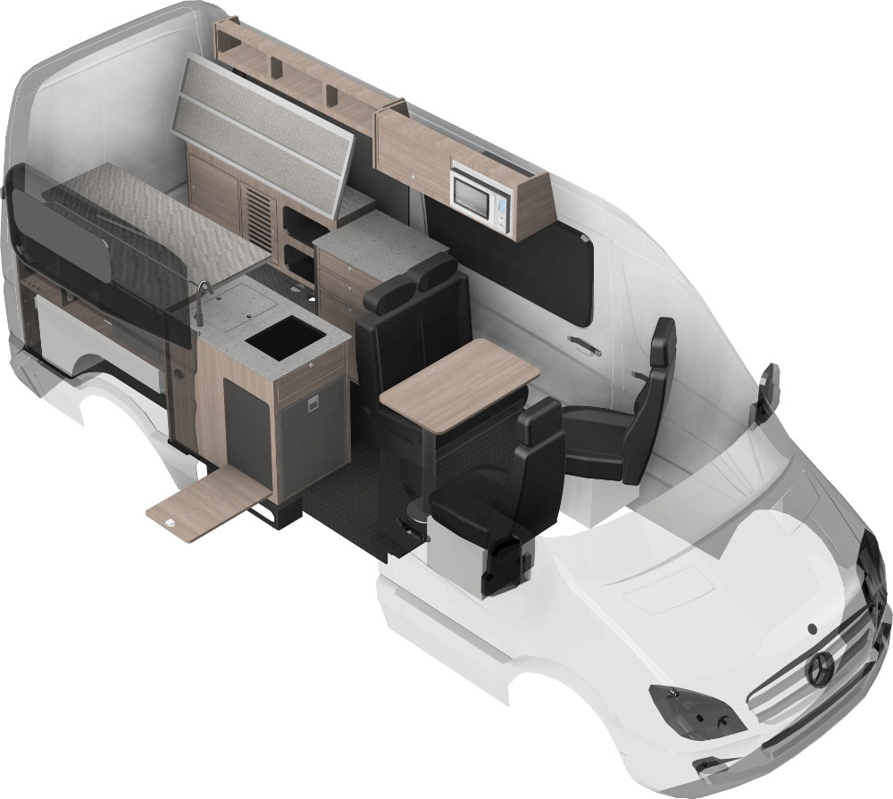 Rendering of the Metis camper van build. The chassis in this rendering is of the Mercedes Sprinter 144.